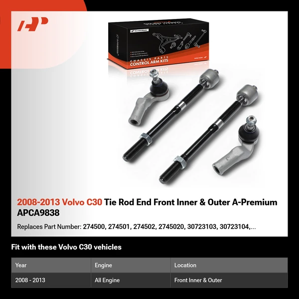 2008-2013 Volvo C30 Tie Rod End Front Inner & Outer A-Premium APCA9838