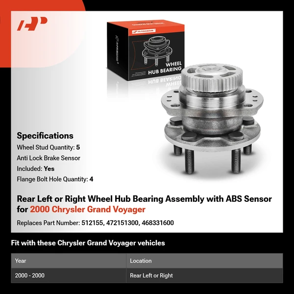 Rear Left or Right Wheel Hub Bearing Assembly with ABS Sensor for 2000 Chrysler Grand Voyager