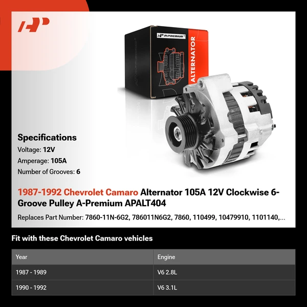1987-1992 Chevrolet Camaro Alternator 105A 12V Clockwise 6-Groove Pulley A-Premium APALT404