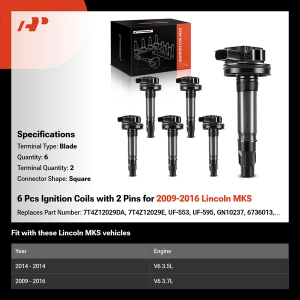 2009-2016 Lincoln MKS A Set of 6-Pc Ignition Coil 2-Pin Terminal Square A-Premium IC0053