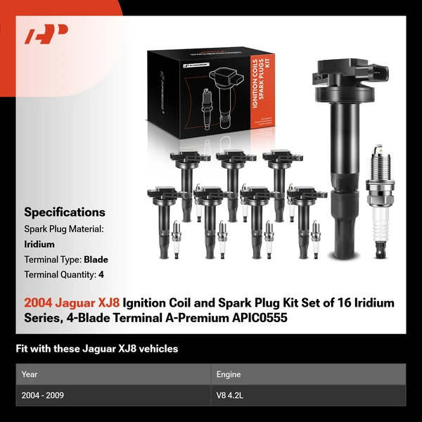 2004 Jaguar XJ8 Ignition Coil and Spark Plug Kit Set of 16 Iridium Series, 4-Blade Terminal A-Premium APIC0555