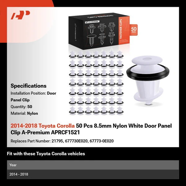 2014-2018 Toyota Corolla 50 Pcs 8.5mm Nylon White Door Panel Clip A-Premium APRCF1521