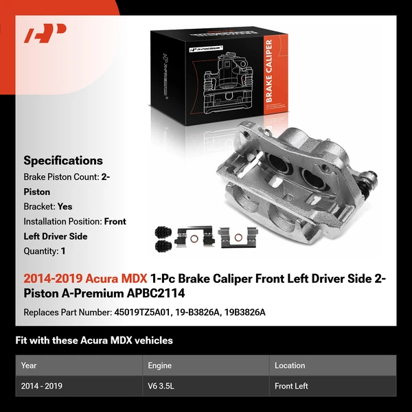 2014-2019 Acura MDX 1-Pc Brake Caliper Front Left Driver Side 2-Piston A-Premium APBC2114