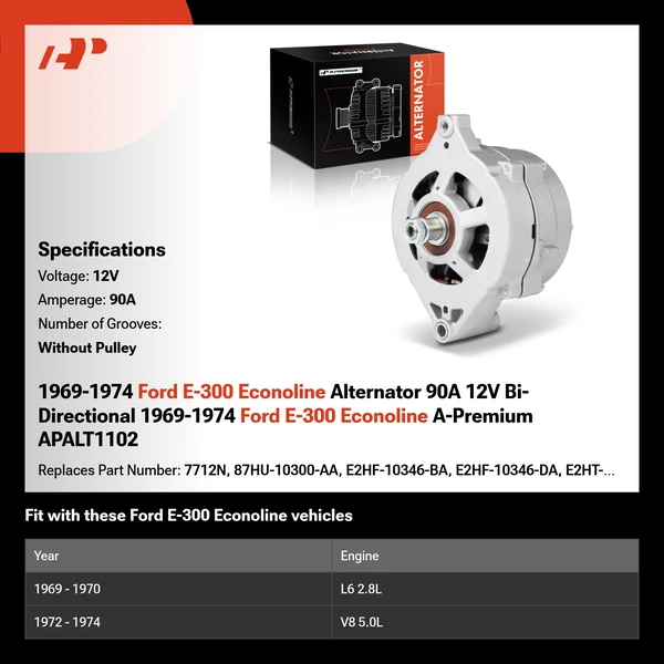 1969-1974 Ford E-300 Econoline Alternator 90A 12V Bi-Directional 1969-1974 Ford E-300 Econoline A-Premium APALT1102