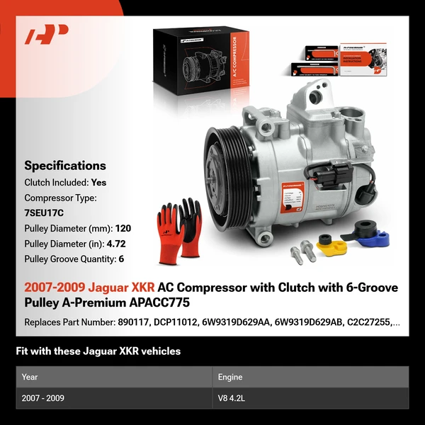 2007-2009 Jaguar XKR AC Compressor with Clutch with 6-Groove Pulley A-Premium APACC775