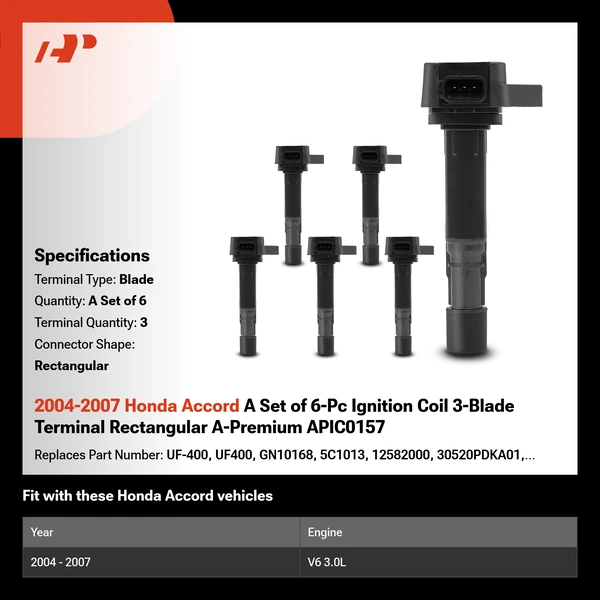 2004-2007 Honda Accord A Set of 6-Pc Ignition Coil 3-Blade Terminal Rectangular A-Premium APIC0157