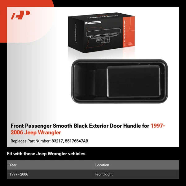 Front Passenger Smooth Black Exterior Door Handle for 1997-2006 Jeep Wrangler