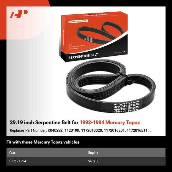 29.19 inch Serpentine Belt for 1992-1994 Mercury Topaz