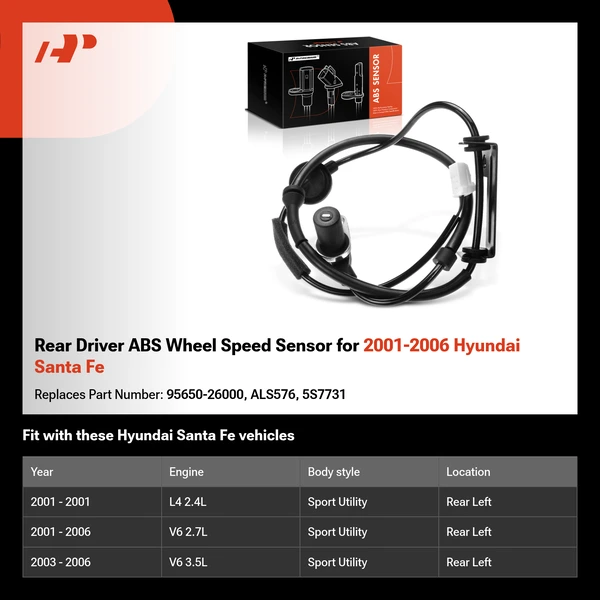 Rear Driver ABS Wheel Speed Sensor for 2001-2006 Hyundai Santa Fe