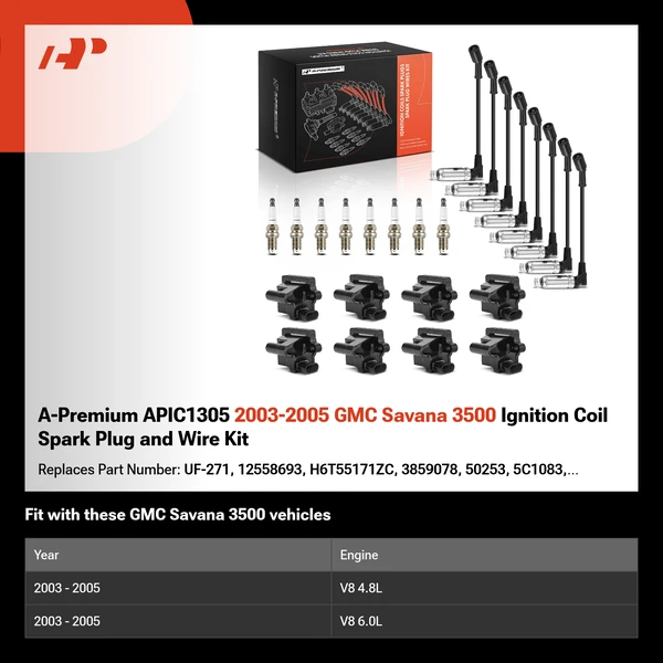 A-Premium APIC1305 2003-2005 GMC Savana 3500 Ignition Coil Spark Plug and Wire Kit