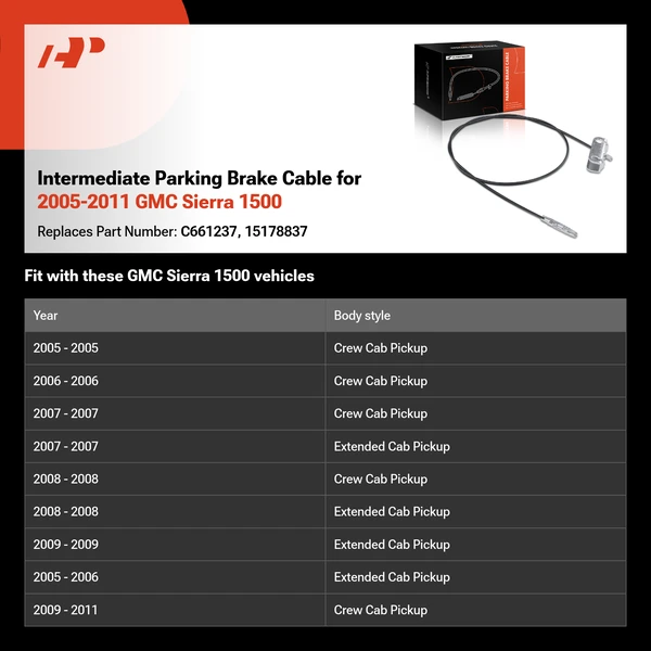 Intermediate Parking Brake Cable for 2005-2011 GMC Sierra 1500