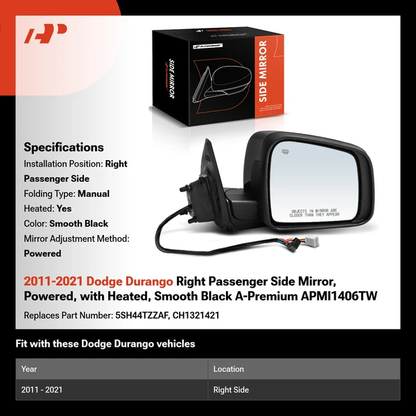 2011-2021 Dodge Durango Right Passenger Side Mirror, Powered, with Heated, Smooth Black A-Premium APMI1406TW