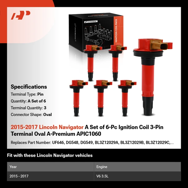 2015-2017 Lincoln Navigator A Set of 6-Pc Ignition Coil 3-Pin Terminal Oval A-Premium APIC1060