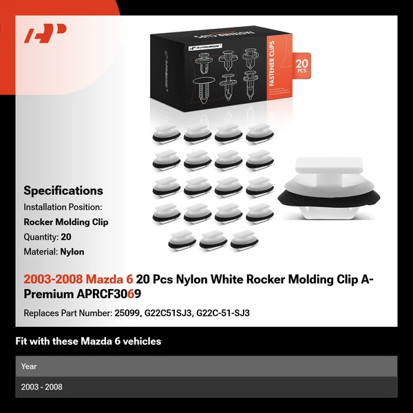 2003-2008 Mazda 6 20 Pcs Nylon White Rocker Molding Clip A-Premium APRCF3069