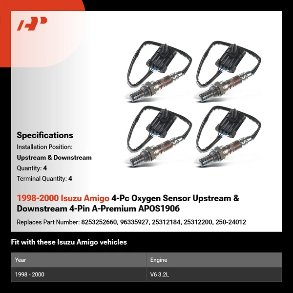 1998-2000 Isuzu Amigo 4-Pc Oxygen Sensor Upstream & Downstream 4-Pin A-Premium APOS1906