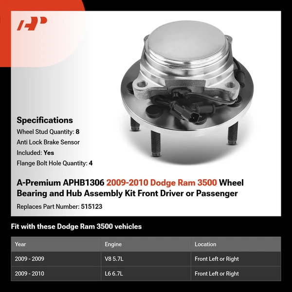 A-Premium APHB1306 2009-2010 Dodge Ram 3500 Wheel Bearing and Hub Assembly Kit Front Driver or Passenger