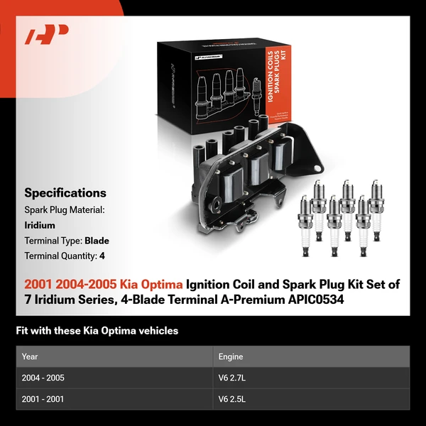 2001 2004-2005 Kia Optima Ignition Coil and Spark Plug Kit Set of 7 Iridium Series, 4-Blade Terminal A-Premium APIC0534