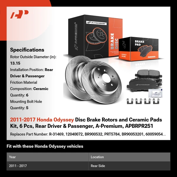 2011-2017 Honda Odyssey Disc Brake Rotors and Ceramic Pads Kit, 6 Pcs, Rear Driver & Passenger, A-Premium, APBRPR251