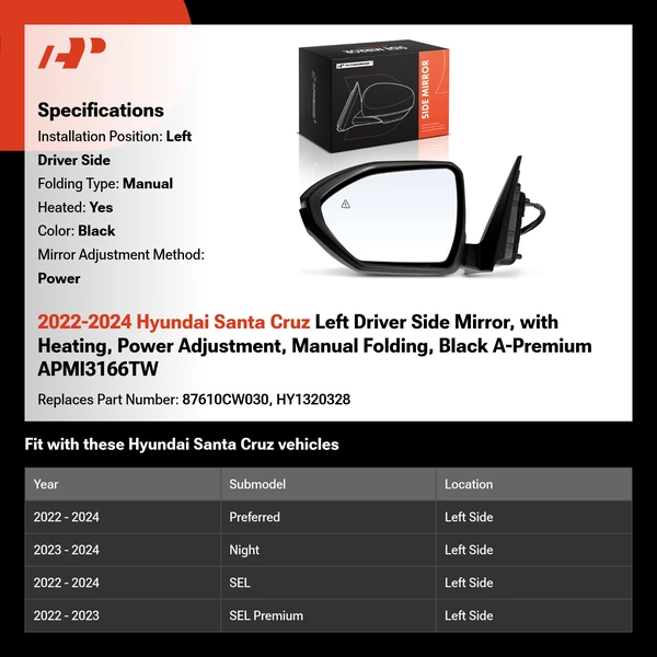 2022-2024 Hyundai Santa Cruz Left Driver Side Mirror, with Heating, Power Adjustment, Manual Folding, Black A-Premium APMI3166TW