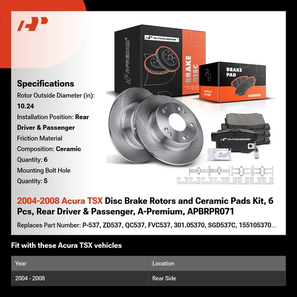 2004-2008 Acura TSX Disc Brake Rotors and Ceramic Pads Kit, 6 Pcs, Rear Driver & Passenger, A-Premium, APBRPR071