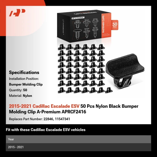 2015-2021 Cadillac Escalade ESV 50 Pcs Nylon Black Bumper Molding Clip A-Premium APRCF2416