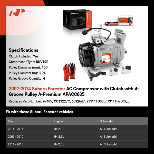 2007-2014 Subaru Forester AC Compressor with Clutch with 4-Groove Pulley A-Premium APACC685