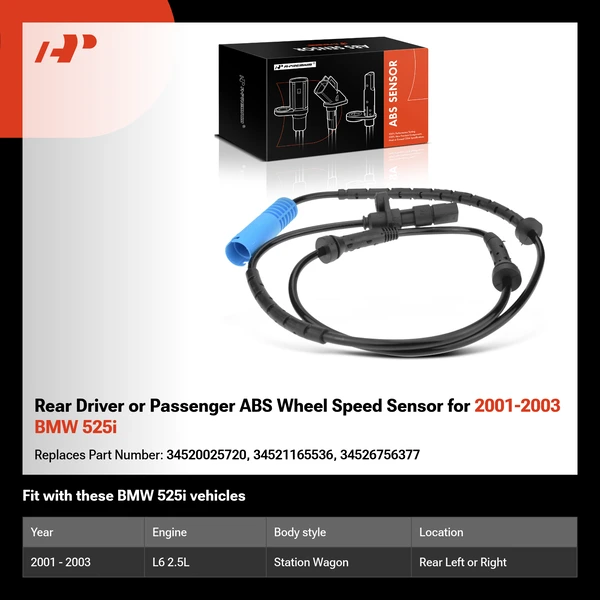 Rear Driver or Passenger ABS Wheel Speed Sensor for 2001-2003 BMW 525i
