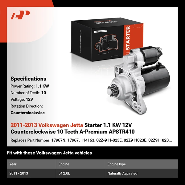2011-2013 Volkswagen Jetta Starter 1.1 KW 12V Counterclockwise 10 Teeth A-Premium APSTR410