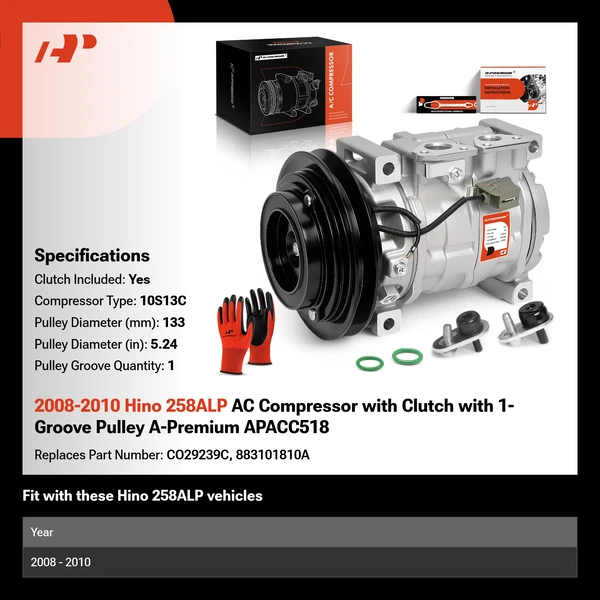 2008-2010 Hino 258ALP AC Compressor with Clutch with 1-Groove Pulley A-Premium APACC518