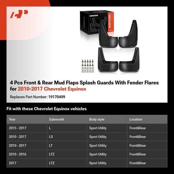 4 Pcs Front & Rear Mud Flaps Splash Guards With Fender Flares for 2010-2017 Chevrolet Equinox