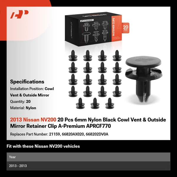 2013 Nissan NV200 20 Pcs 6mm Nylon Black Cowl Vent & Outside Mirror Retainer Clip A-Premium APRCF770