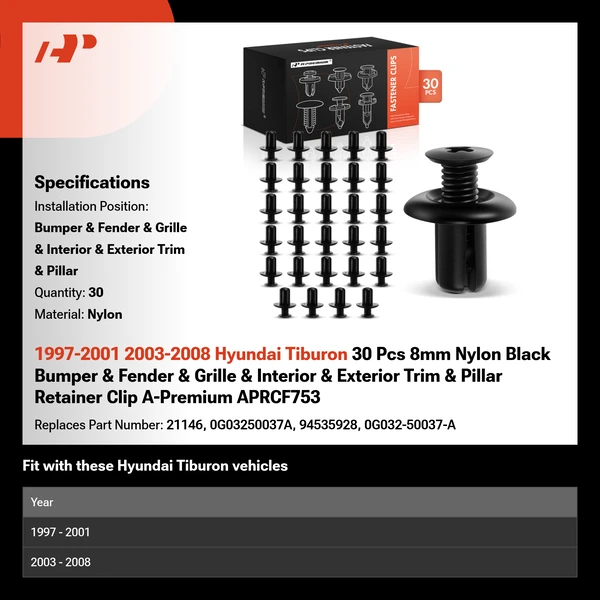 1997-2001 2003-2008 Hyundai Tiburon 30 Pcs 8mm Nylon Black Bumper & Fender & Grille & Interior & Exterior Trim & Pillar Retainer Clip A-Premium APRCF753