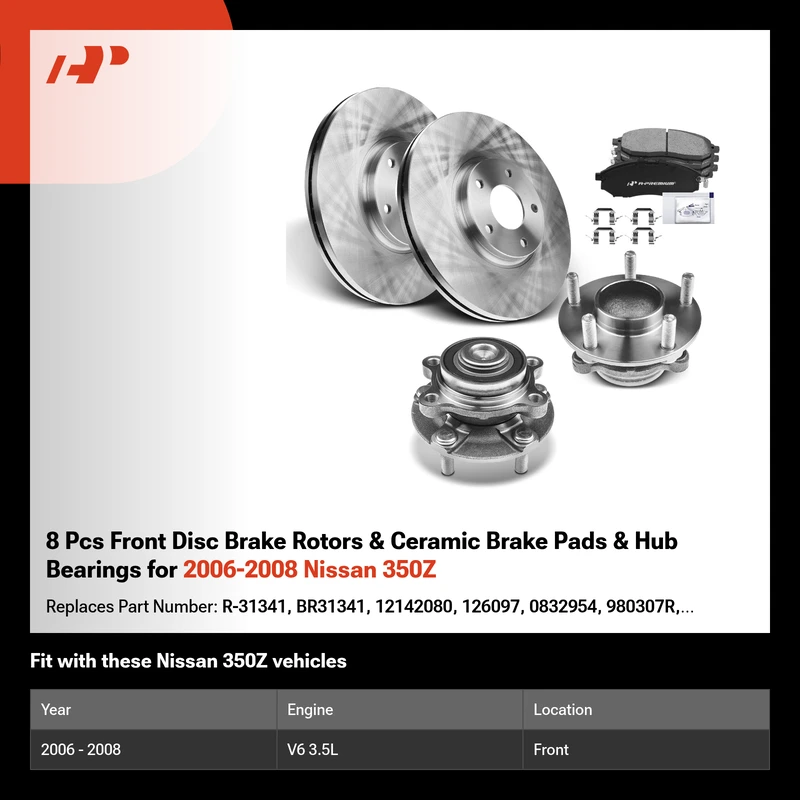8 Pcs Front Disc Brake Rotors & Ceramic Brake Pads & Hub Bearings for 2006-2008 Nissan 350Z
