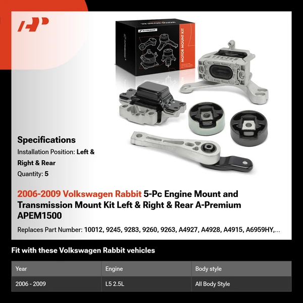 2006-2009 Volkswagen Rabbit 5-Pc Engine Mount and Transmission Mount Kit Left & Right & Rear A-Premium APEM1500