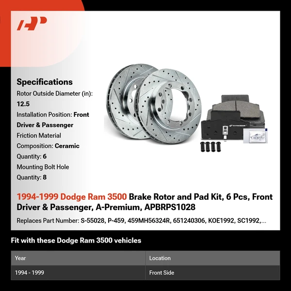 1994-1999 Dodge Ram 3500 Brake Rotor and Pad Kit, 6 Pcs, Front Driver & Passenger, A-Premium, APBRPS1028
