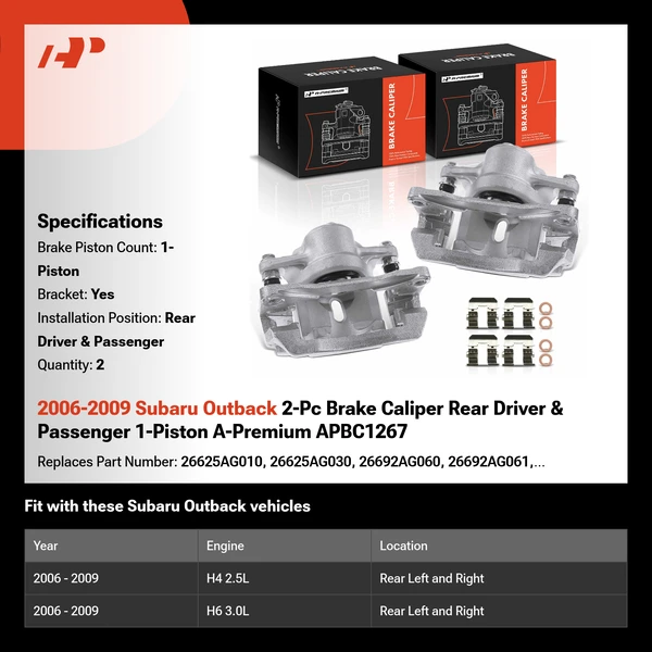 2006-2009 Subaru Outback 2-Pc Brake Caliper Rear Driver & Passenger 1-Piston A-Premium APBC1267
