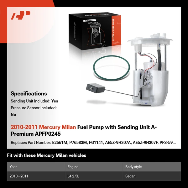 2010-2011 Mercury Milan Fuel Pump with Sending Unit A-Premium APFP0245