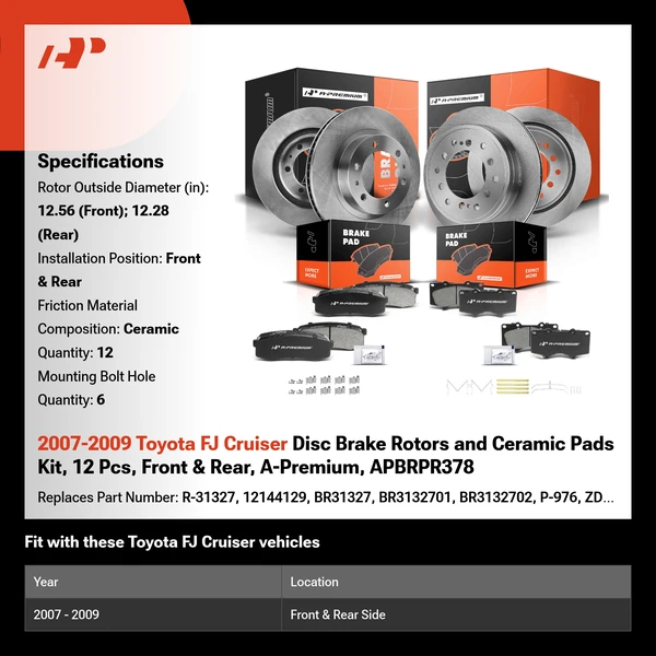 2007-2009 Toyota FJ Cruiser Disc Brake Rotors and Ceramic Pads Kit, 12 Pcs, Front & Rear, A-Premium, APBRPR378
