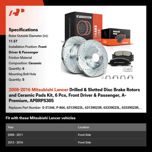 2008-2016 Mitsubishi Lancer Drilled & Slotted Disc Brake Rotors and Ceramic Pads Kit, 6 Pcs, Front Driver & Passenger, A-Premium, APBRPS305
