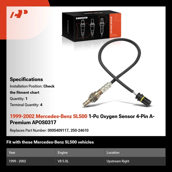 1999-2002 Mercedes-Benz SL500 1-Pc Oxygen Sensor 4-Pin A-Premium APOS0317