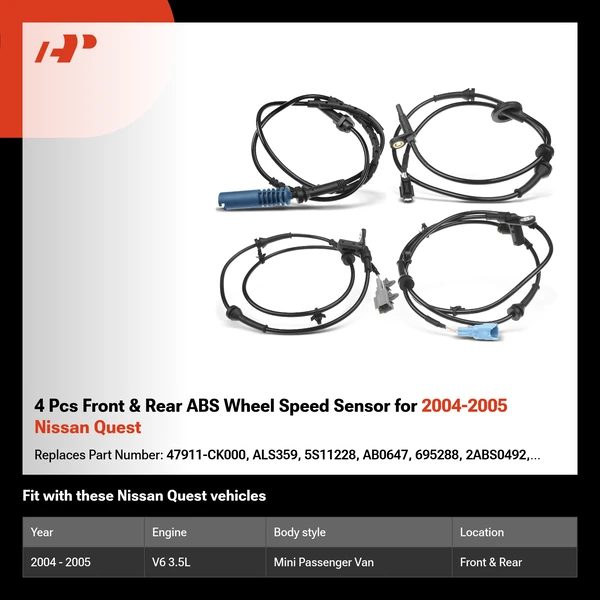 4 Pcs Front & Rear ABS Wheel Speed Sensor for 2004-2005 Nissan Quest