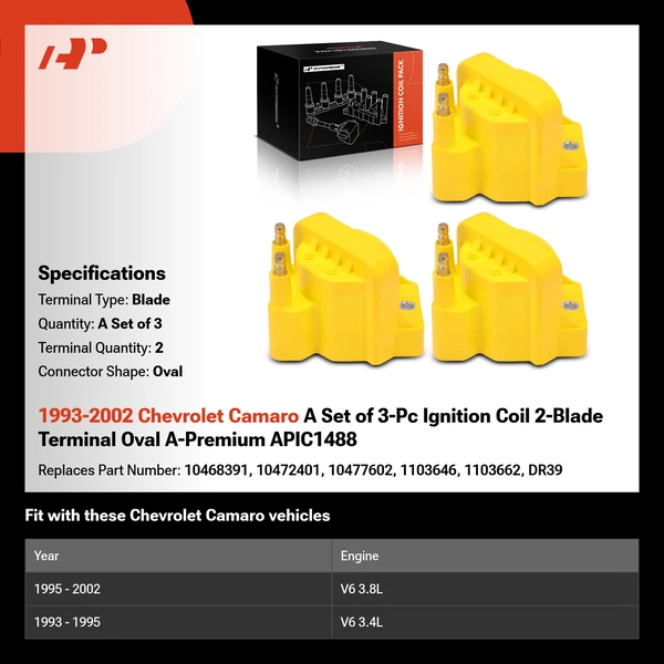 1993-2002 Chevrolet Camaro A Set of 3-Pc Ignition Coil 2-Blade Terminal Oval A-Premium APIC1488