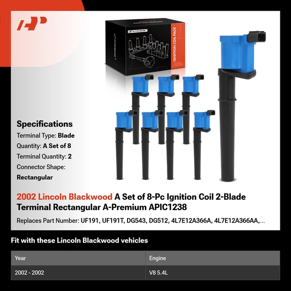 2002 Lincoln Blackwood A Set of 8-Pc Ignition Coil 2-Blade Terminal Rectangular A-Premium APIC1238