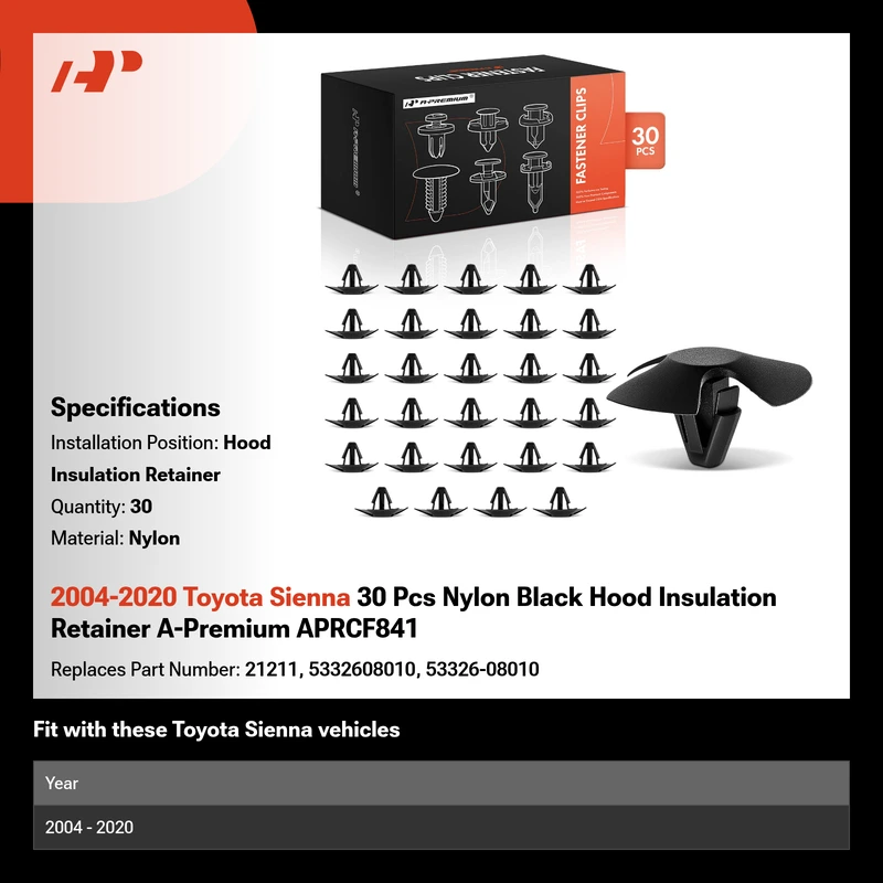 2004-2020 Toyota Sienna 30 Pcs Nylon Black Hood Insulation Retainer A-Premium APRCF841
