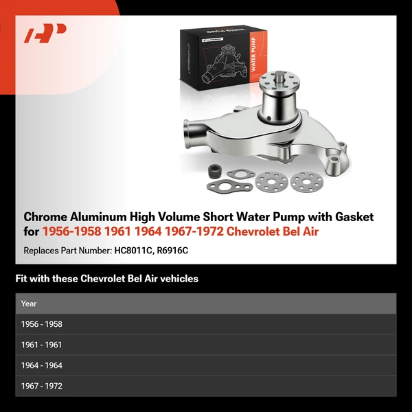 Chrome Aluminum High Volume Short Water Pump with Gasket for 1956-1958 1961 1964 1967-1972 Chevrolet Bel Air