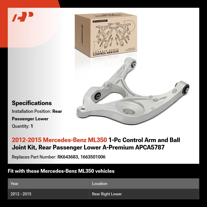 2012-2015 Mercedes-Benz ML350 1-Pc Control Arm and Ball Joint Kit, Rear Passenger Lower A-Premium APCA5787