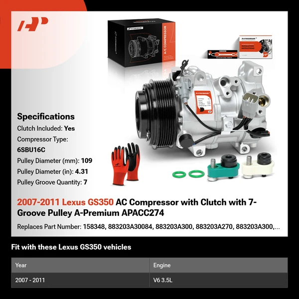 2007-2011 Lexus GS350 AC Compressor with Clutch with 7-Groove Pulley A-Premium APACC274