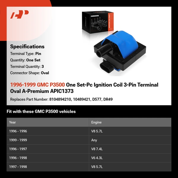1996-1999 GMC P3500 One Set-Pc Ignition Coil 3-Pin Terminal Oval A-Premium APIC1373