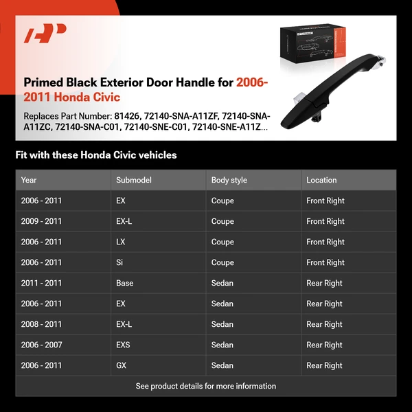 Primed Black Exterior Door Handle for 2006-2011 Honda Civic