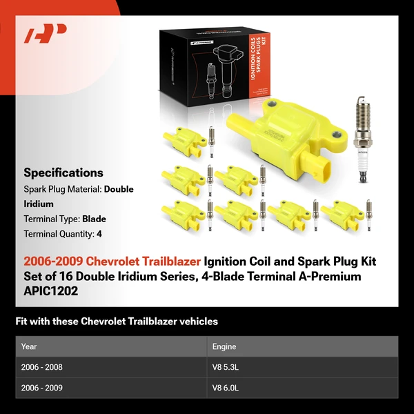 2006-2009 Chevrolet Trailblazer Ignition Coil and Spark Plug Kit Set of 16 Double Iridium Series, 4-Blade Terminal A-Premium APIC1202